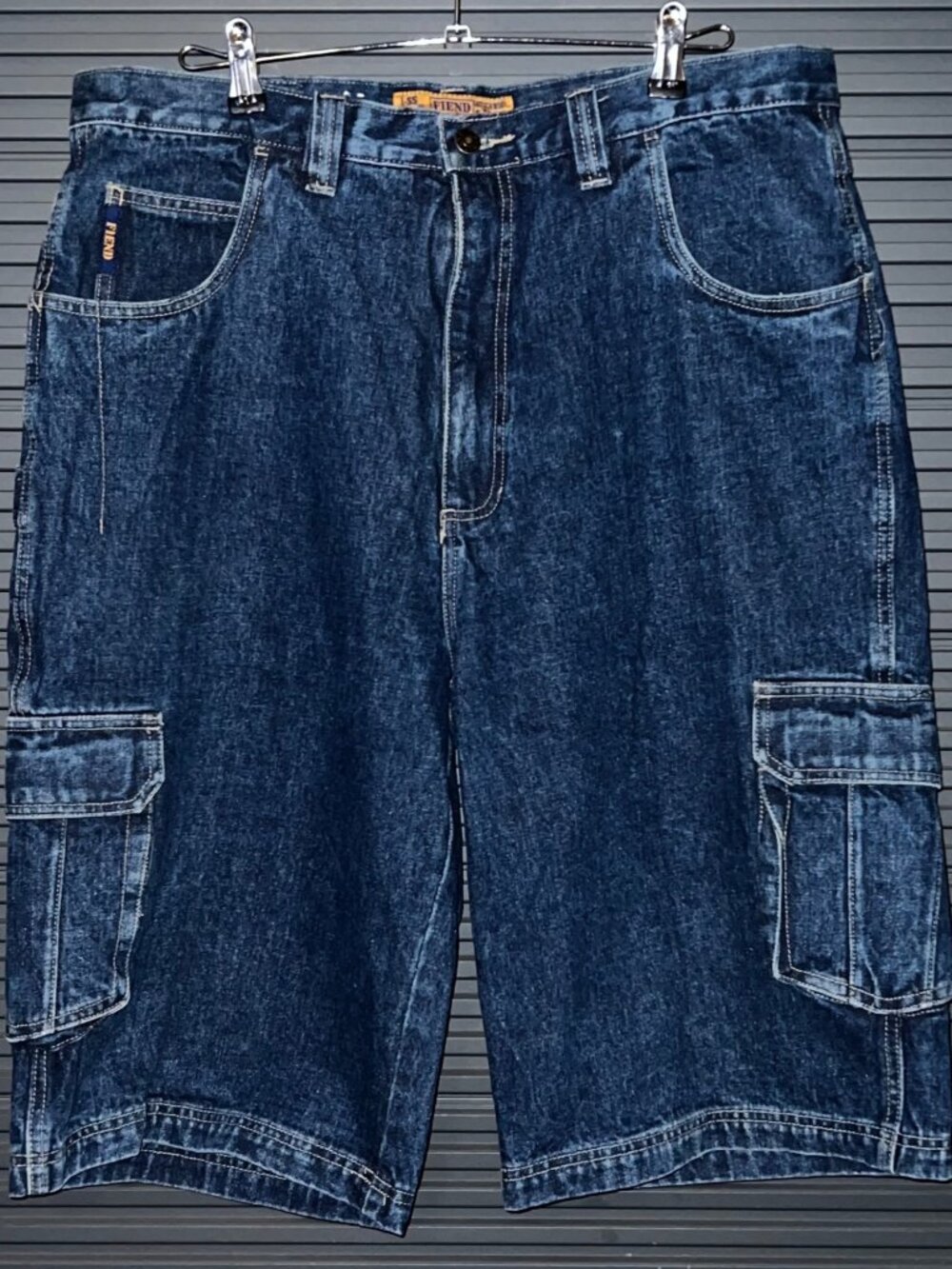 Fiend Mens‎ Dark Blue Denim Cargo Shorts Size 38 With Pockets & Belt Loops